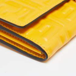Pre Owned Fendi Mustard Zucca Embossed Leather FF Flap Wallet on Chain