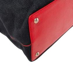 Pre Owned حقيبة يد توتس فندي 2 جورز جلد ودنيم أزرق داكن/أحمر متوسطة