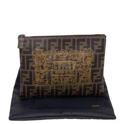 Pre Owned Fendi Tobacco Zucca Coated Canvas Flat Zip Pouch