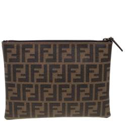 Pre Owned Fendi Tobacco Zucca Coated Canvas Flat Zip Pouch