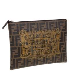 Pre Owned Fendi Tobacco Zucca Coated Canvas Flat Zip Pouch