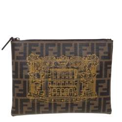 Pre Owned Fendi Tobacco Zucca Coated Canvas Flat Zip Pouch