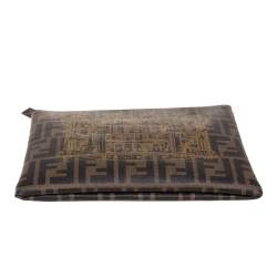 Pre Owned Fendi Tobacco Zucca Coated Canvas Flat Zip Pouch