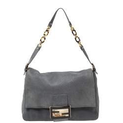 Pre Owned Fendi Grey Iridescent Leather Mama Forever Large Flap Shoulder Bag