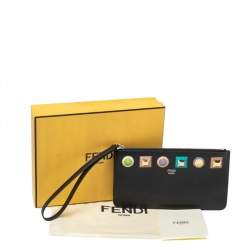 Pre Owned Fendi Black Leather Studded Wristlet Slim Clutch