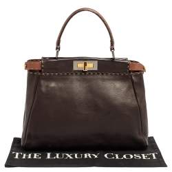 Pre Owned Fendi Dark Brown Leather Small Peekaboo Top Handle Bag