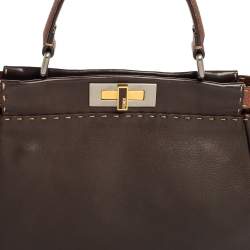 Pre Owned Fendi Dark Brown Leather Small Peekaboo Top Handle Bag