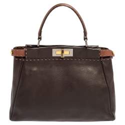 Pre Owned Fendi Dark Brown Leather Small Peekaboo Top Handle Bag