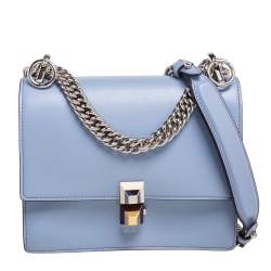 Pre Owned Fendi Sky Blue Leather Small Studded Kan I Shoulder Bag