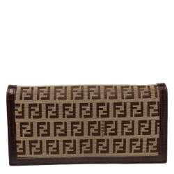 Pre Owned Fendi Beige/Brown Zucchino Canvas and Leather Flap Continental Wallet