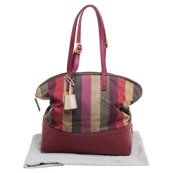 Pre Owned Fendi Red/Multicolor Leather and Fabric Pequin Stripe 2Bag Colorblock Tote