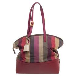 Pre Owned Fendi Red/Multicolor Leather and Fabric Pequin Stripe 2Bag Colorblock Tote