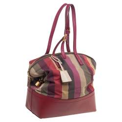 Pre Owned Fendi Red/Multicolor Leather and Fabric Pequin Stripe 2Bag Colorblock Tote