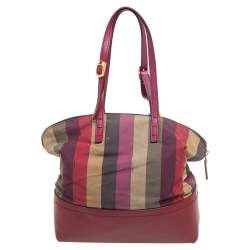 Pre Owned Fendi Red/Multicolor Leather and Fabric Pequin Stripe 2Bag Colorblock Tote