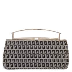 Pre Owned Fendi Navy Blue/White Zucchino Canvas Metal Frame Clutch