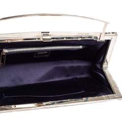 Pre Owned Fendi Navy Blue/White Zucchino Canvas Metal Frame Clutch