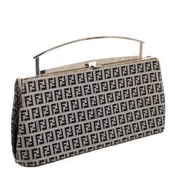 Pre Owned Fendi Navy Blue/White Zucchino Canvas Metal Frame Clutch