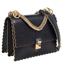 Pre Owned Fendi Black Leather Small Scalloped Kan I Shoulder Bag