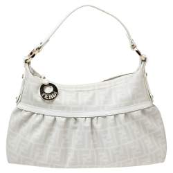 Pre Owned Fendi White FF Zucca Coated Canvas Chef Hobo