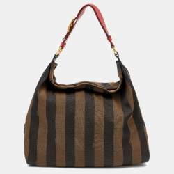 Pre Owned Fendi Tobacco/Red Pequin Canvas and Leather Hobo