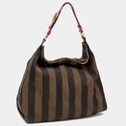 Pre Owned Fendi Tobacco/Red Pequin Canvas and Leather Hobo
