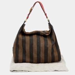 Pre Owned Fendi Tobacco/Red Pequin Canvas and Leather Hobo