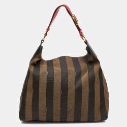 Pre Owned Fendi Tobacco/Red Pequin Canvas and Leather Hobo