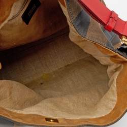 Pre Owned Fendi Tobacco/Red Pequin Canvas and Leather Hobo