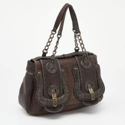 Pre Owned Fendi Brown Leather and Zucca Canvas B Shoulder Bag
