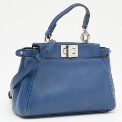 Pre Owned Fendi Blue Leather Micro Peekaboo Top Handle Bag