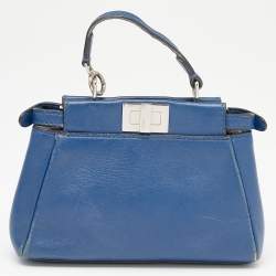 Pre Owned Fendi Blue Leather Micro Peekaboo Top Handle Bag