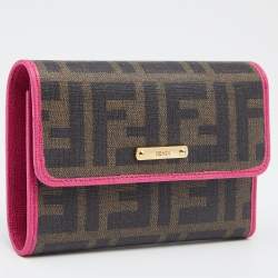 Pre Owned Fendi Pink/Brown Zucca Canvas and Leather Logo Trifold Compact Wallet