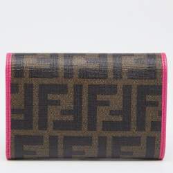 Pre Owned Fendi Pink/Brown Zucca Canvas and Leather Logo Trifold Compact Wallet