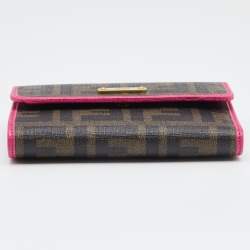 Pre Owned Fendi Pink/Brown Zucca Canvas and Leather Logo Trifold Compact Wallet