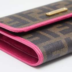 Pre Owned Fendi Pink/Brown Zucca Canvas and Leather Logo Trifold Compact Wallet