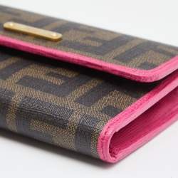 Pre Owned Fendi Pink/Brown Zucca Canvas and Leather Logo Trifold Compact Wallet