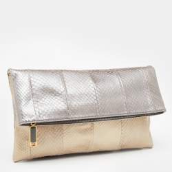 Pre Owned Fendi Metallic Grey/Beige Python Leather Fold Over Clutch