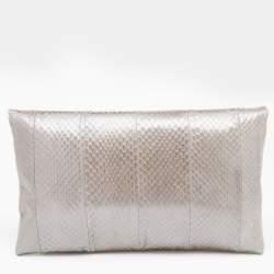 Pre Owned Fendi Metallic Grey/Beige Python Leather Fold Over Clutch