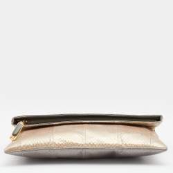 Pre Owned Fendi Metallic Grey/Beige Python Leather Fold Over Clutch