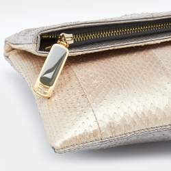 Pre Owned Fendi Metallic Grey/Beige Python Leather Fold Over Clutch