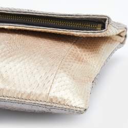 Pre Owned Fendi Metallic Grey/Beige Python Leather Fold Over Clutch