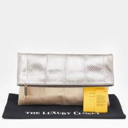 Pre Owned Fendi Metallic Grey/Beige Python Leather Fold Over Clutch
