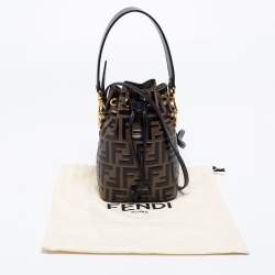 Pre Owned Fendi Brown/Black Zucca Leather Mini Mon Tresor Drawstring Bucket Bag