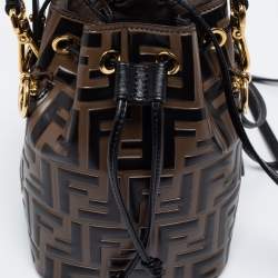 Pre Owned Fendi Brown/Black Zucca Leather Mini Mon Tresor Drawstring Bucket Bag