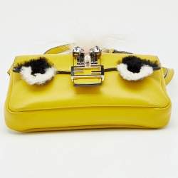Pre Owned Fendi Yellow Leather And Fur Micro Monster Baguette