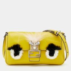 Pre Owned Fendi Yellow Leather And Fur Micro Monster Baguette