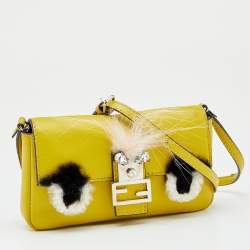 Pre Owned Fendi Yellow Leather And Fur Micro Monster Baguette