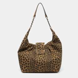 Pre Owned Fendi Brown/Black Leopard Print Canvas B Buckle Hobo