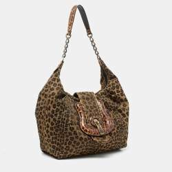 Pre Owned Fendi Brown/Black Leopard Print Canvas B Buckle Hobo