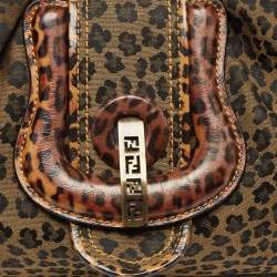 Pre Owned Fendi Brown/Black Leopard Print Canvas B Buckle Hobo